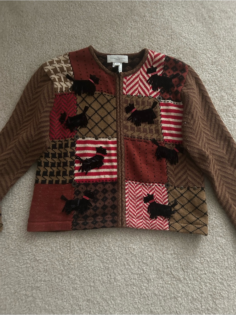 VTG Novelty Scottie Dog Patchwork Zip Front Cardigan Petite M
